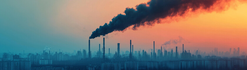 dramatic skyline shows industrial smokestacks emitting dark smoke against vibrant sunset. scene highlights pollution and urban development