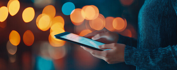 person using smartphone in city at night with colorful bokeh lights. scene conveys modern and connected lifestyle