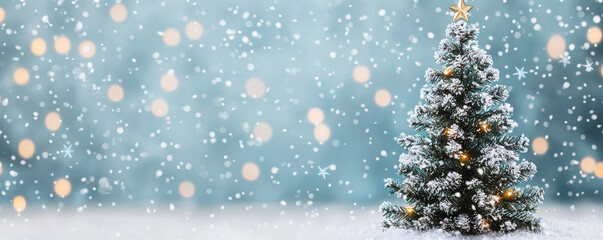 beautifully decorated Christmas tree with snow and twinkling lights, set against soft blue background filled with falling snowflakes, creating festive and joyful atmosphere
