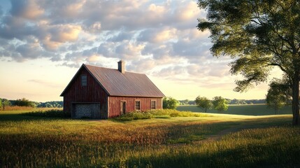Fototapeta premium Rustic Red Barn in a Tranquil Countryside