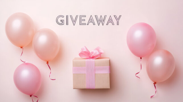 single gift box with attached balloons floating around, text "GIVEAWAY" in bold above, pastel background, natural lighting - Powered by Adobe