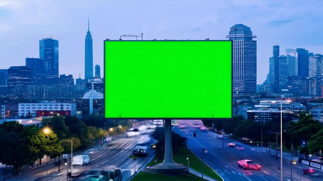 Nighttime city billboard advertising space green screen