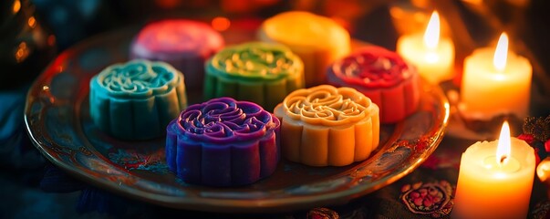 Colorful mooncakes arranged on a decorative plate with candles, celebrating a festive occasion.