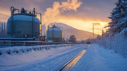 Industrial oil transfer operation during winter, with snow-covered equipment and workers