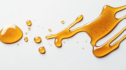 Obraz premium Close-up of honey droplets and smear on a white surface, showcasing the amber color and viscous texture with light reflections.
