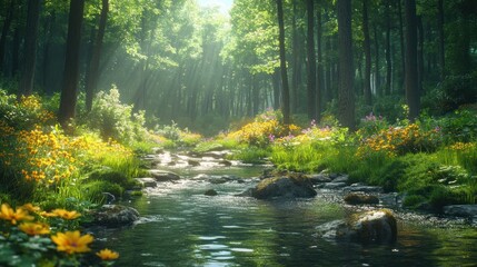 Fototapeta premium Serene forest scene with a flowing stream and vibrant flowers.
