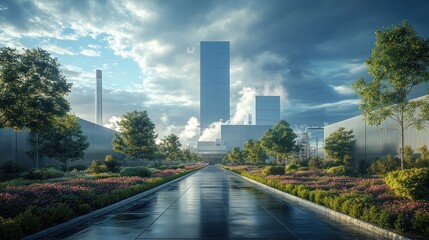 Modern urban landscape with greenery and reflective pathway.