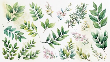 Fototapeta premium Watercolor collection of green leaves and floral branches on white background. Botanical illustration for design and decor