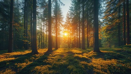 Fototapeta premium Sunbeams Filtering Through a Dense Forest