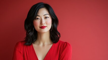 Fototapeta premium Portrait of a joyful Asian woman, half-body, looking directly at the camera, with a clean solid