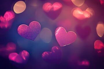 purple and pink glitter vintage lights background. defocused. hearts overlay with generative ai