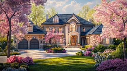 Naklejka premium Luxury Suburban House Surrounded by Blossoming Trees