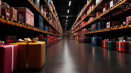 A sprawling warehouse, its shelves stacked with rows of wrapped gifts in vibrant colors, shines with the festive energy and holiday spirit, symbolizing generosity and joy.
