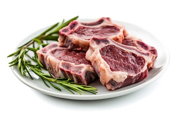 Obraz premium Raw lamb chops seasoned with rosemary on white plate, ready for grilling
