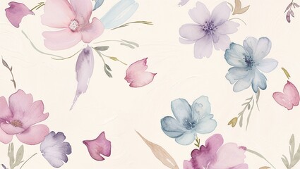 Fototapeta premium Delicate watercolor floral pattern featuring pastel pink, purple, and blue flowers with soft brush strokes, ideal for backgrounds and decor. 