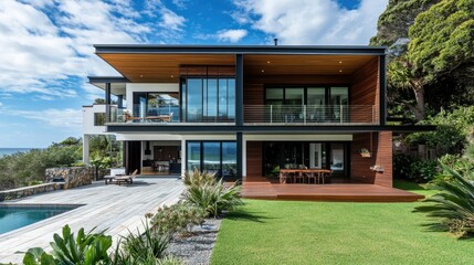 Fototapeta premium Modern Two-Storey House with Scenic Landscape