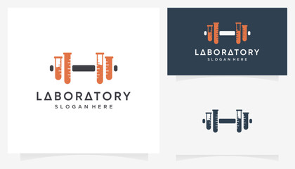 Unique vector of combined barbell shape with lab glass icons symbols. Abstract idea of science and fitness gym equipment logo design graphic.