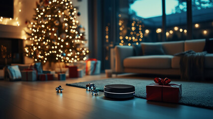A cozy living room with a brightly lit Christmas tree, gifts scattered across the floor, and small robots moving around with precision, delivering presents and adding a futuristic