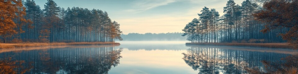Fototapeta premium Serene lake surrounded by trees reflecting in calm waters at dawn.