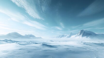Fototapeta premium Arctic panorama featuring pristine snow fields and ice-covered mountains, showcasing vast winter wilderness with ethereal blue sky and wispy clouds over frozen tundra.