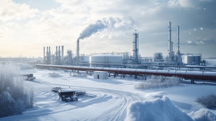 Snowy industrial site with crude oil operations, showing tankers, pipelines, and winter weather