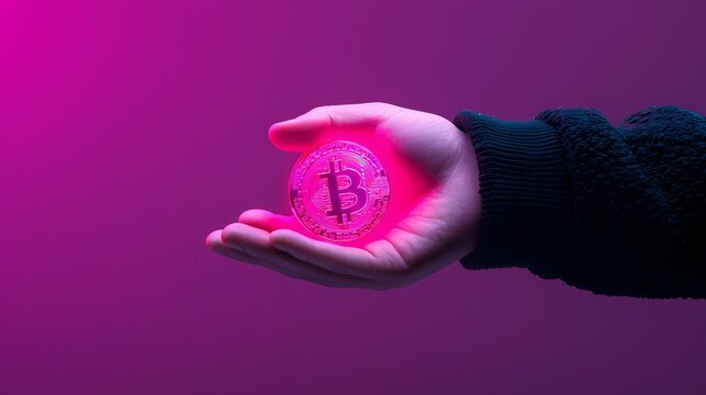 A golden Bitcoin coin sits in the palm of a hand illuminated with pink light against a purple background.