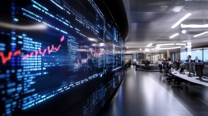 Fototapeta premium A fast-paced business environment with interconnected digital screens displaying evolving market trends, while professionals work seamlessly, embodying the agility and transformati