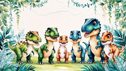 Naklejka premium Adorable Cartoon Dinosaurs in Jungle Scene 