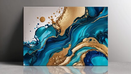 An abstract canvas art piece featuring fluid swirls of gold and teal, blending in a sophisticated and contemporary style.
