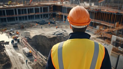 Male construction worker in an orange helmet overseeing a busy construction site.