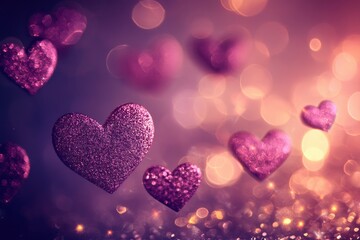 purple and pink glitter vintage lights background. defocused. hearts overlay with generative ai