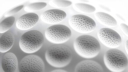 Extreme close-up of golf ball surface highlighting dimple pattern texture in cream white, featuring geometric patterns and soft focus in minimalist sports style.