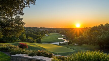 Fototapeta premium View from a golf course clubhouse, overlooking the course as the sun sets