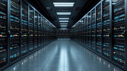 Obraz premium A corridor of server racks in a data center.