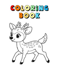 Cute Deer Cartoon , Wildlife Animal Coloring Page , Animal Coloring Book for Children , Vector Illustration