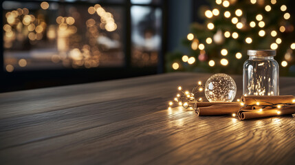 A warm string of Christmas lights coiled gracefully across a wooden table, highlighting festive...