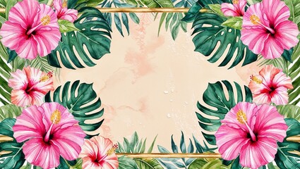 A vibrant watercolor frame with hibiscus flowers and palm leaves, perfect for tropical-themed designs, invitations, and summer decor.
