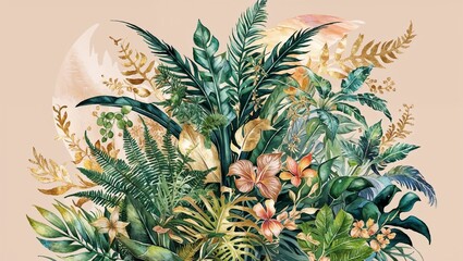 Fototapeta premium Lush watercolor illustration of tropical jungle plants and exotic foliage, with vibrant green leaves and wildflowers on a soft background. 
