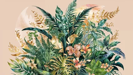 Gordijnen Lush watercolor illustration of tropical jungle plants and exotic foliage, with vibrant green leaves and wildflowers on a soft background.  © Tanya