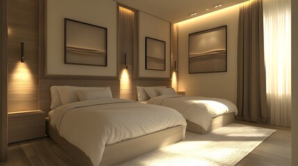 Modern hotel twin room interior with beige and white scheme, crisp bedding, warm lighting, wooden floors, and minimalist decor in contemporary style.
