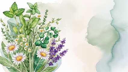Watercolor Herb Bouquet with Lavender and Chamomile
