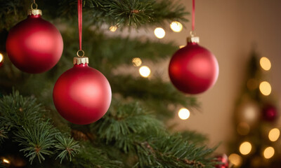 Festive Red Ornaments on Christmas Tree: Holiday Spirit