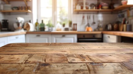 Wooden table in a kitchen setting with blurred background