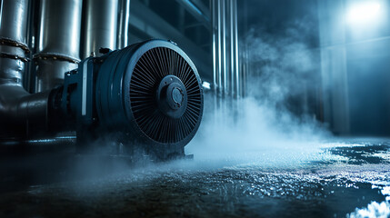 Fototapeta premium An industrial refrigeration room with a massive motor and intricate water pipes, set against a backdrop of steel walls and frosty air, with the cold vapor lightly misting the area.