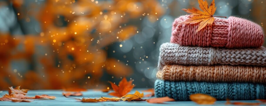 A pile of knitted warm clothes on an autumn background with copy space