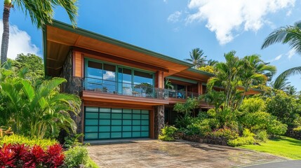 Fototapeta premium Elegant Two-Storey House Surrounded by Lush Greenery