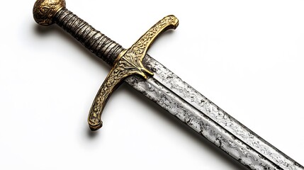 Medieval sword displaying damascus steel blade and ornate brass crossguard, featuring weathered metal texture and rustic patina in dramatic studio lighting.