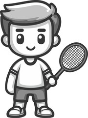 Obraz premium A delightful black and white illustration of a young boy holding a tennis racket, exuding joy and enthusiasm.