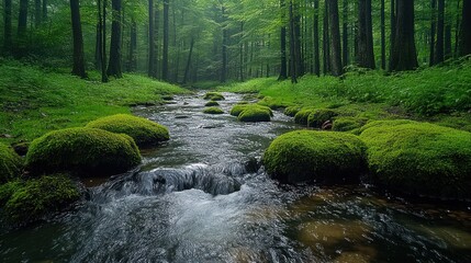 Obraz premium Serene forest stream with moss-covered stones and lush greenery.