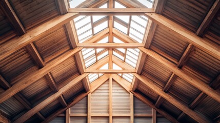 Modern wooden ceiling structure with natural beams and skylight, featuring geometric patterns and warm sunlight in contemporary minimalist architectural style.